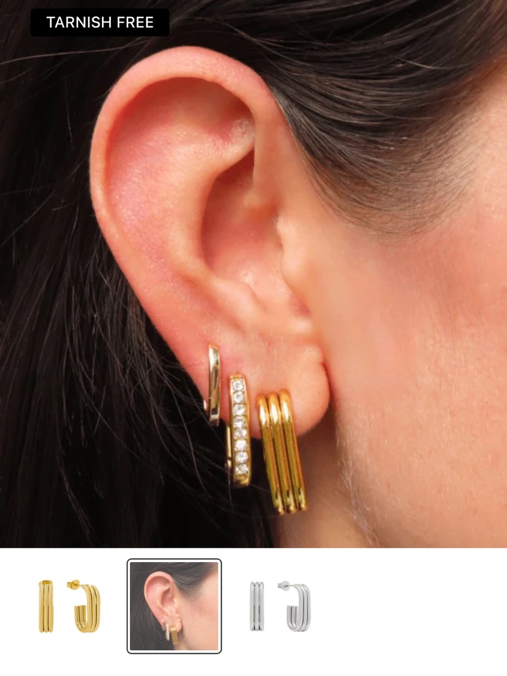 Tarnish-Free Gold Triple-Bar Hoop Earrings, 18K Gold plated, hypoallergenic